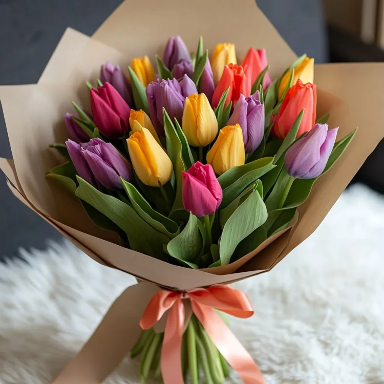 Букет 19 разноцветных тюльпанов